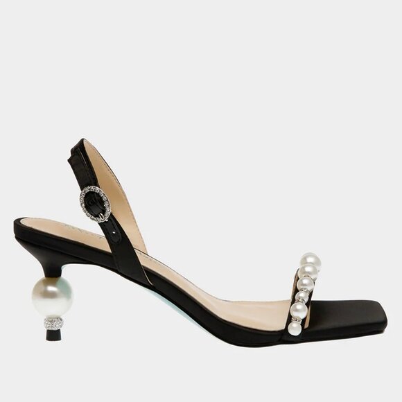 Betsey Johnson Delta Black Pearl Heel 7.5 Slingback Kitten Square Toe Rich Luxe - Picture 1 of 13